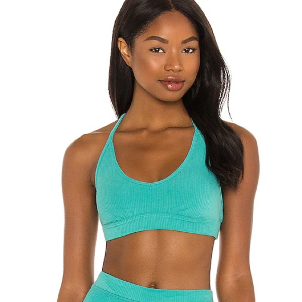 Alo Yoga Ribbed Blissful Bra in Ocean Teal